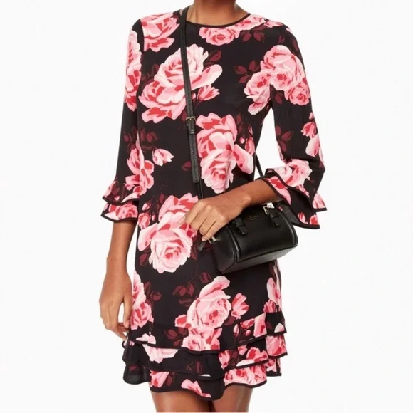 Kate Spade Rosa Ruffle Mini Shift Dress Small Pink Rambling Roses Wedding Guest - Picture 1 of 4